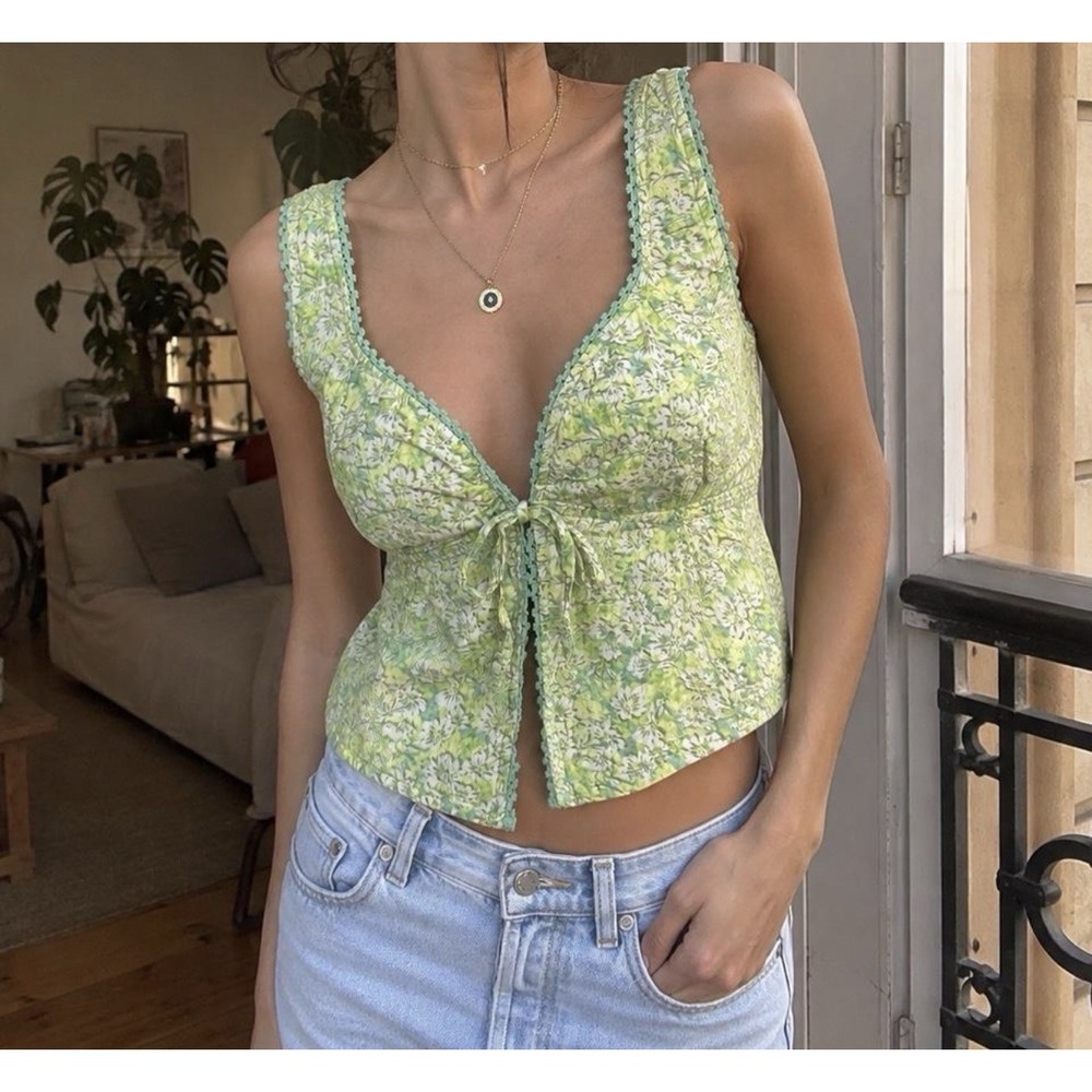 American Eagle XL Floral Tie Front Smocked Tank Top Boho Cottagecore Green